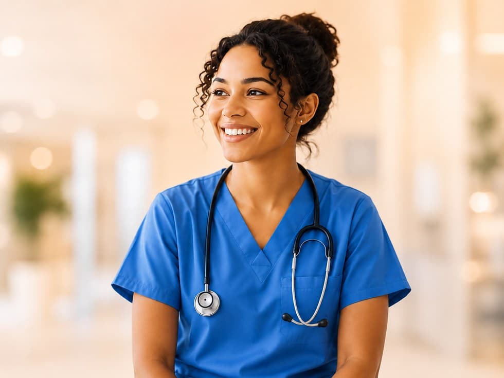 Smiling nurse in blue scrubs